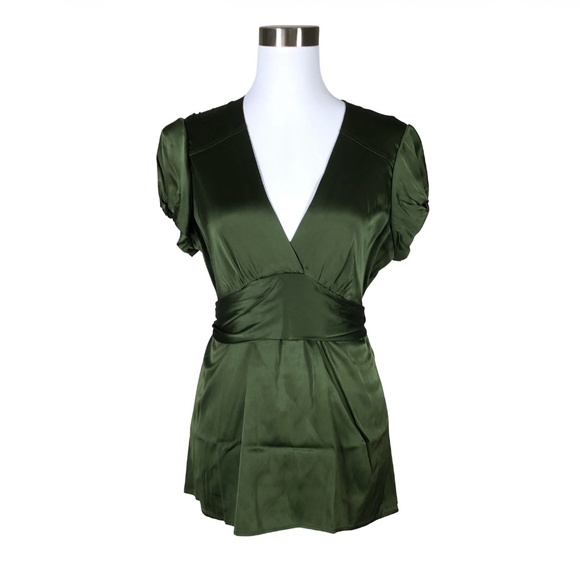 BCBG Max Azria Silk Blouse – Olive Green Ruched Waist Puff Sleeve Top - Picture 1 of 4